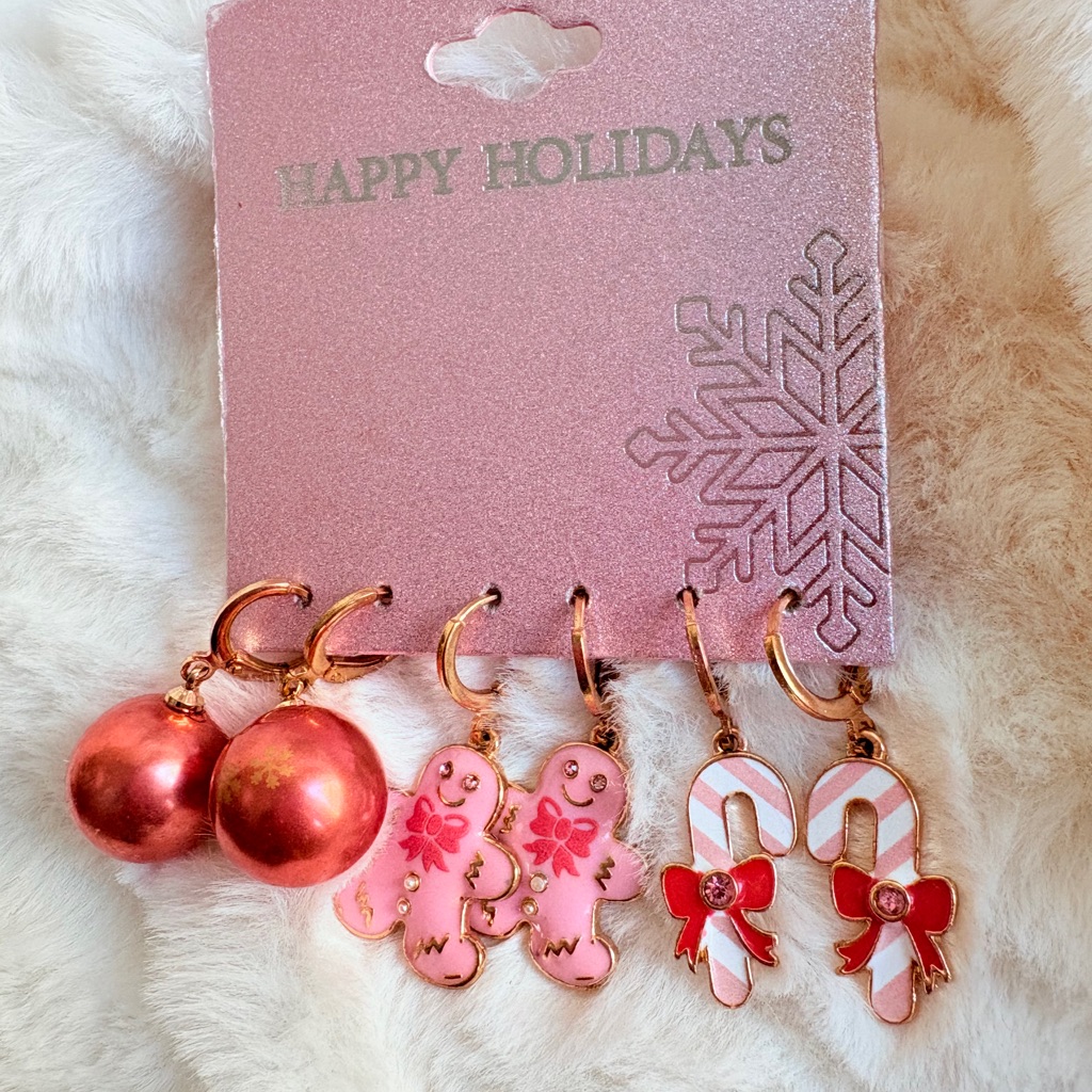 Festive Pink And Gold Holiday Ornaments Earrings Set